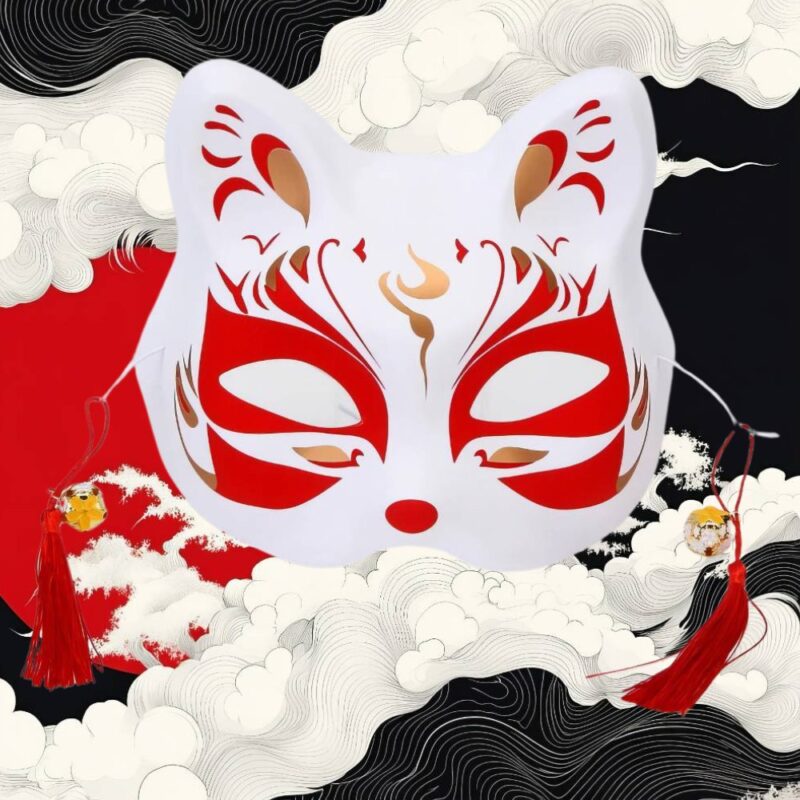 Masque Japonais Kitsune Rouge Blanc Et Doré