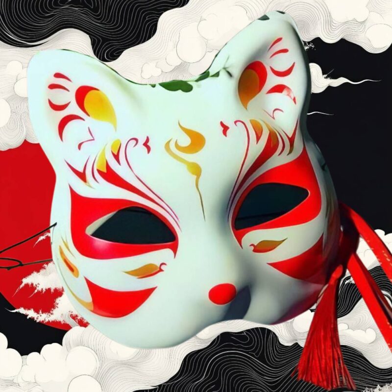 Masque Japonais Kitsune Rouge Blanc Et Jaune