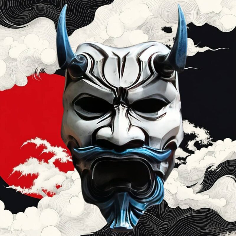 Masque Japonais Oni Blanc Et Bleu