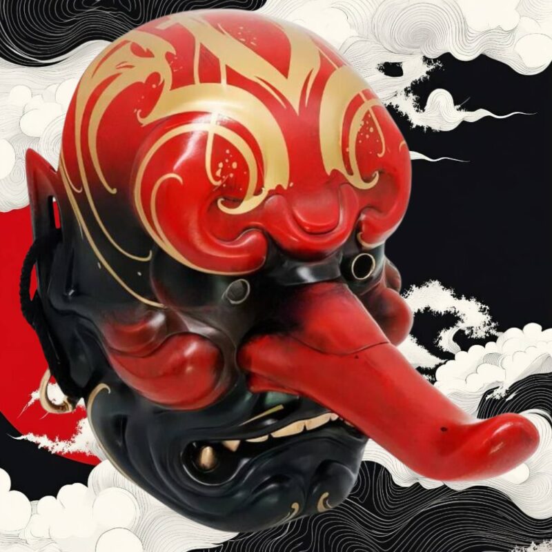 Masque Japonais Tengu Noir Rouge Et Doré