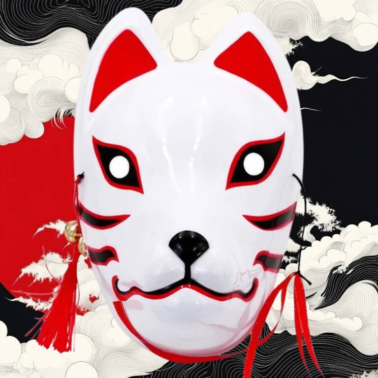 Masque Style Japonais Kabuki Kitsune - Cosplay, Mascarade, Peint à La Main (ABS, 16x18.5 Cm)