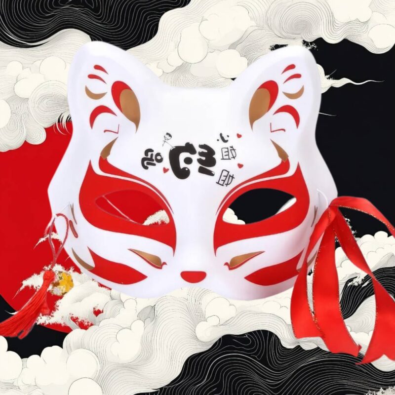 Masque Kitsune Blanc Avec Motifs Rouges, Écritures Japonaises, Et Rubans