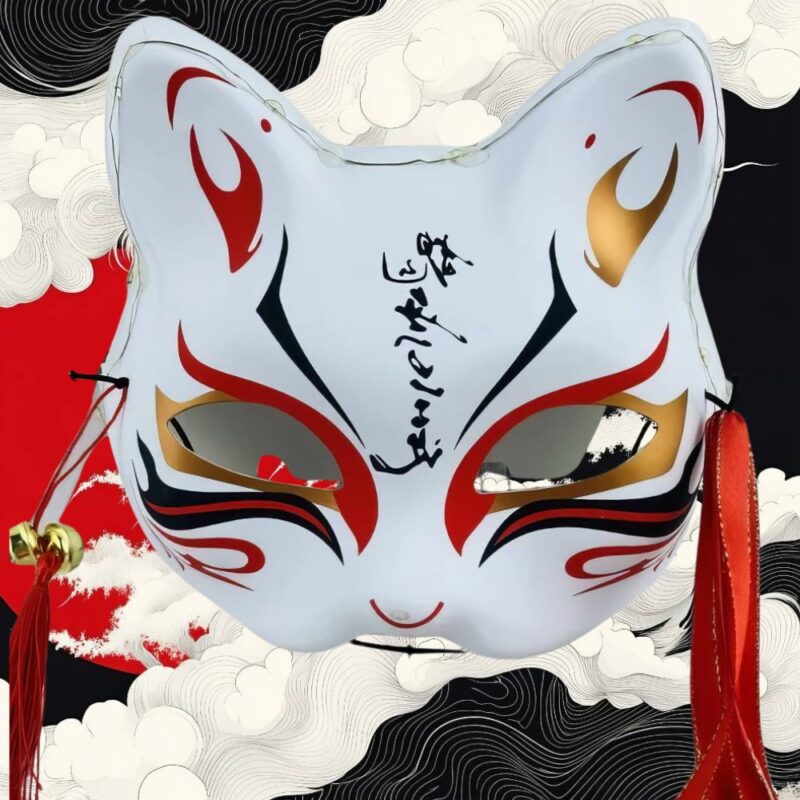 Masque Kitsune Blanc Avec Motifs Rouges Et Écritures Japonaises