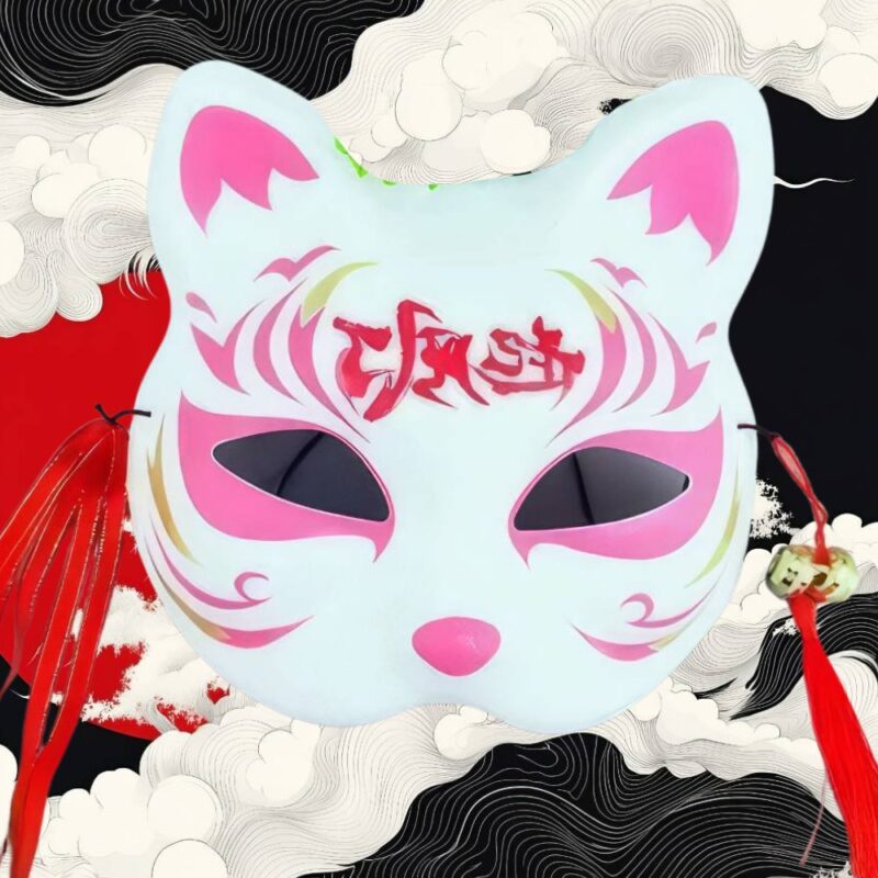 Masque Kitsune Blanc Et Rouge Calligraphie Japonaise