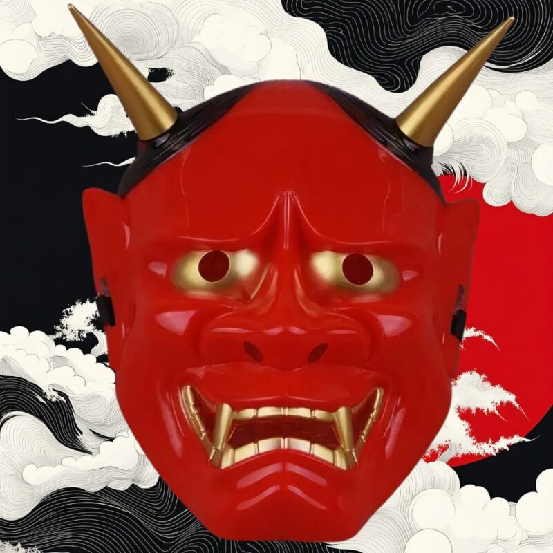 Masque Japonais Oni À Cornes Rouge Noir Et Doré