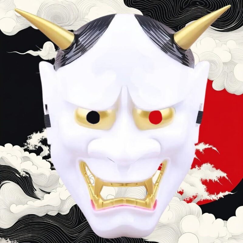 Masque Japonais Oni Effrayant Noir Doré Et Blanc