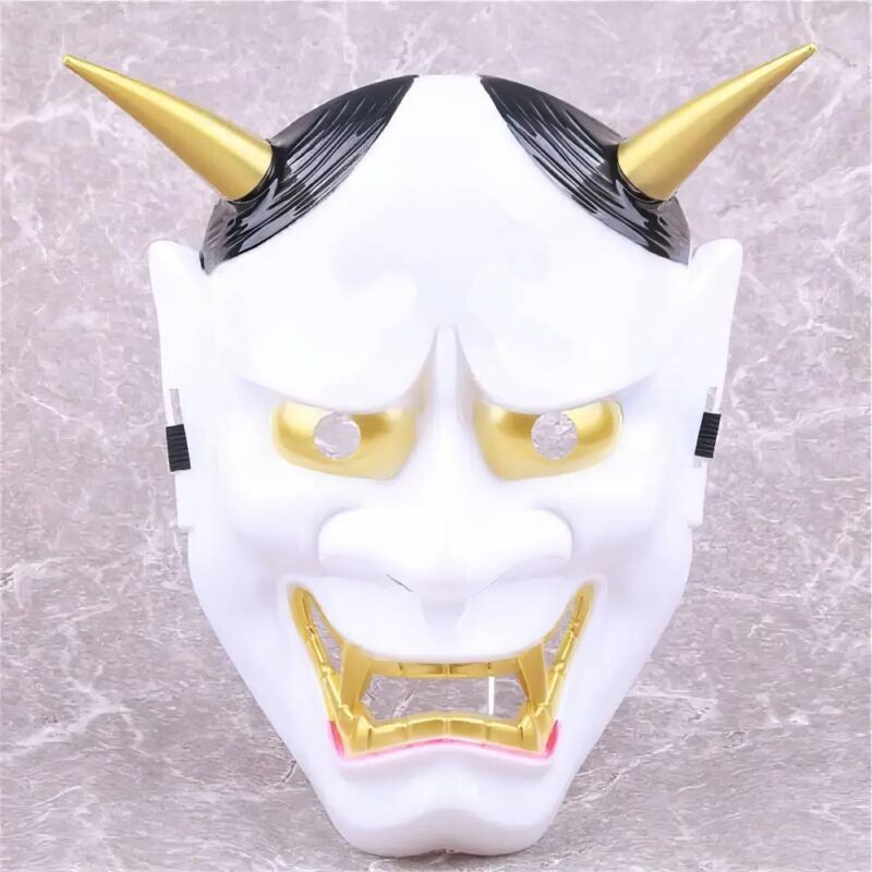 Masque Japonais Oni Effrayant Noir Doré Et Blanc