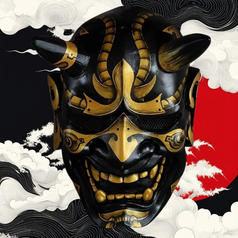 Masque Japonais Yokai Noir Et Doré