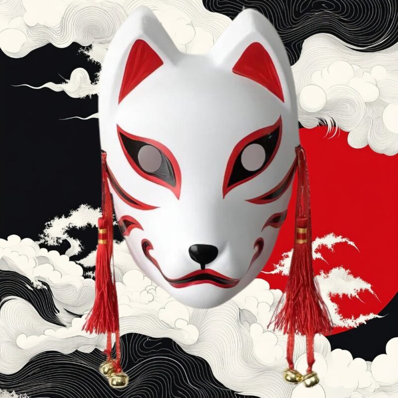 Masque Kitsune Blanc aux Motifs Rouges et Pompons