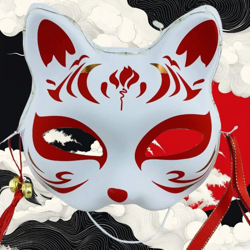 Masque Kitsune Blanc avec Détails Rouges et Dorés