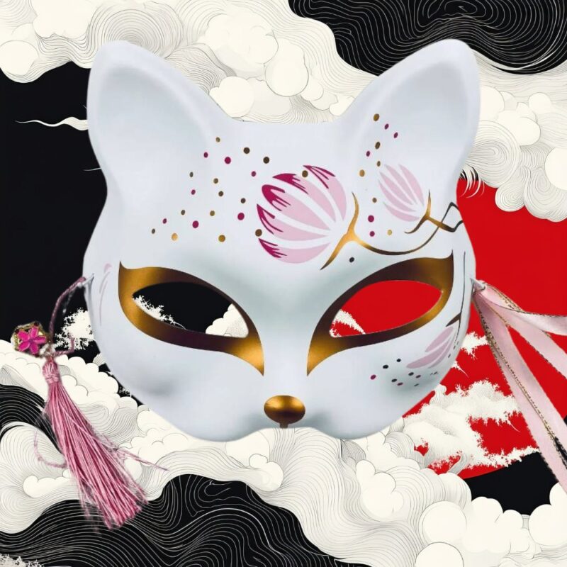 Masque Kitsune Blanc avec Fleurs de Cerisier et Détails Doré