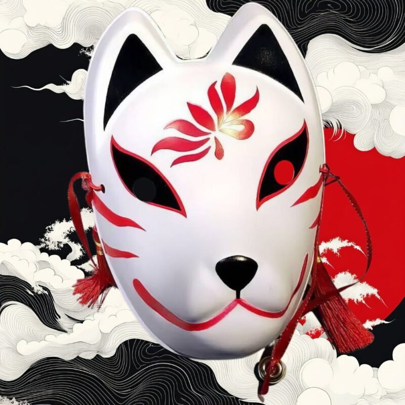 Masque Kitsune Blanc avec Motif Floral Rouge et Noir