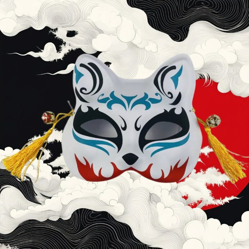 Masque Kitsune Blanc avec Motifs Bleus et Rouges Rubans Jaunes