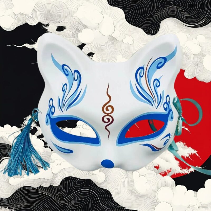 Masque Kitsune Blanc avec Motifs Bleus et Rubans Turquoise