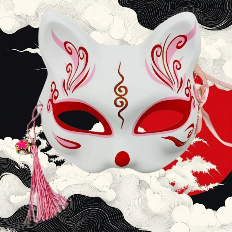 Masque Kitsune Blanc avec Motifs Roses et Dorés