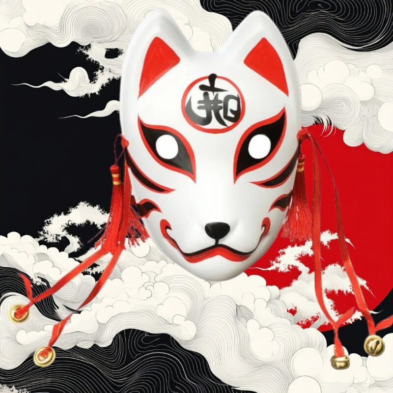 Masque Kitsune Blanc avec Motifs Rouges et Clochettes