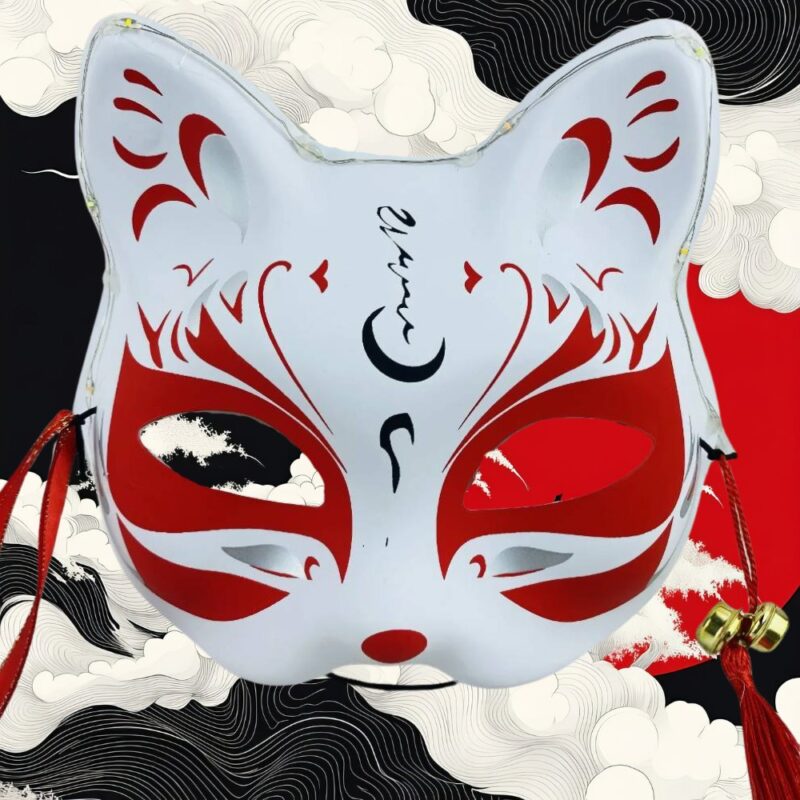 Masque Kitsune Blanc avec Motifs Rouges et Écriture Japonaise