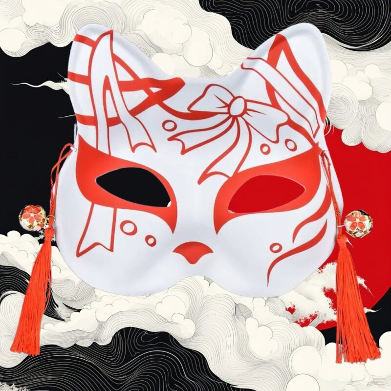 Masque Kitsune Blanc avec Motifs Rouges et Pompons