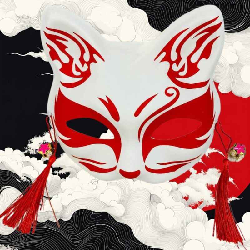 Masque Kitsune Blanc avec Motifs Rouges et Rubans