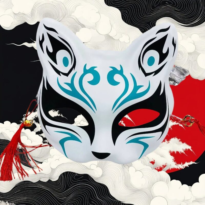 Masque Kitsune Blanc avec Motifs Tribaux Bleus et Noirs