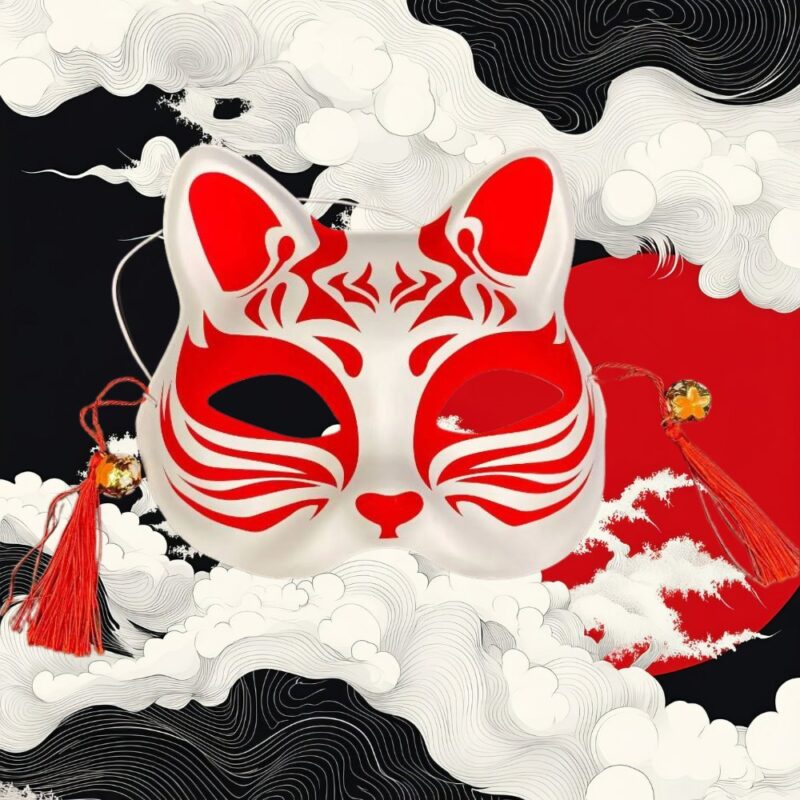 Masque Kitsune Blanc avec Motifs Tribaux Rouges et Rubans