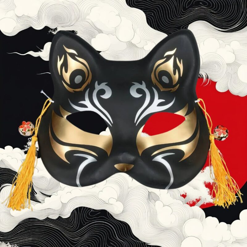 Masque Kitsune Noir avec Détails Dorés et Argentés