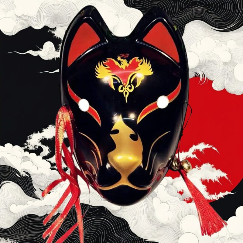 Masque Kitsune Noir avec Motifs Dorés et Rouges