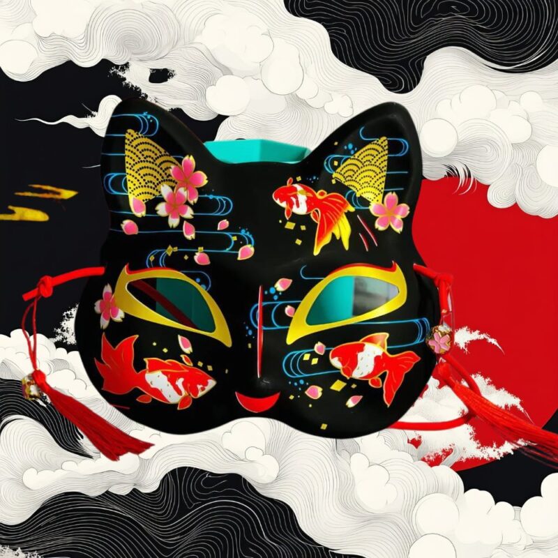 Masque Kitsune Noir avec Motifs de Poissons et Fleurs de Cerisier