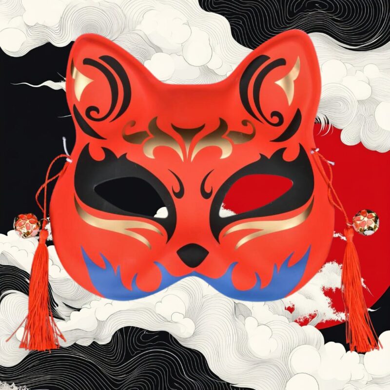 Masque Kitsune Rouge avec Détails Noirs et Dorés