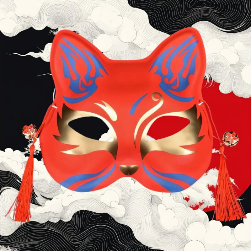 Masque Kitsune Rouge avec Motifs Bleus et Dorés