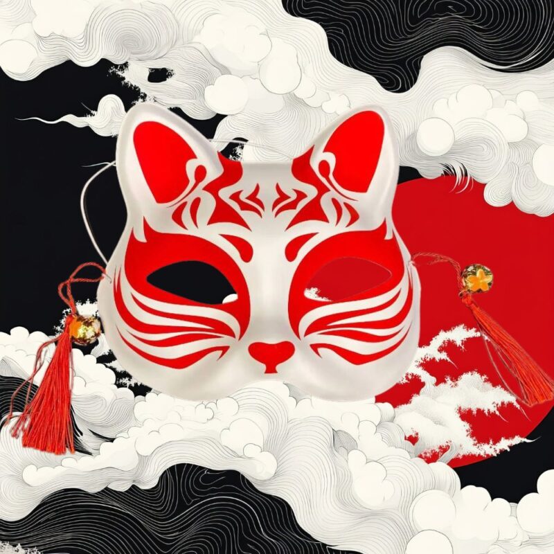 Masque Kitsune aux Motifs Rouges Élancés