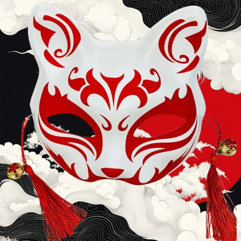 Masque Kitsune aux Motifs Rouges et Rubans Décoratifs